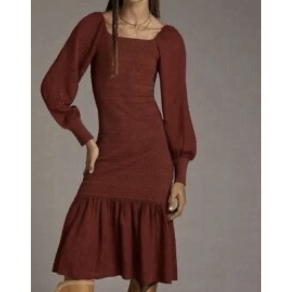 Anthropologie Smocked Puff Sleeved Midi Dress Small Feminine Red Peasant Boho